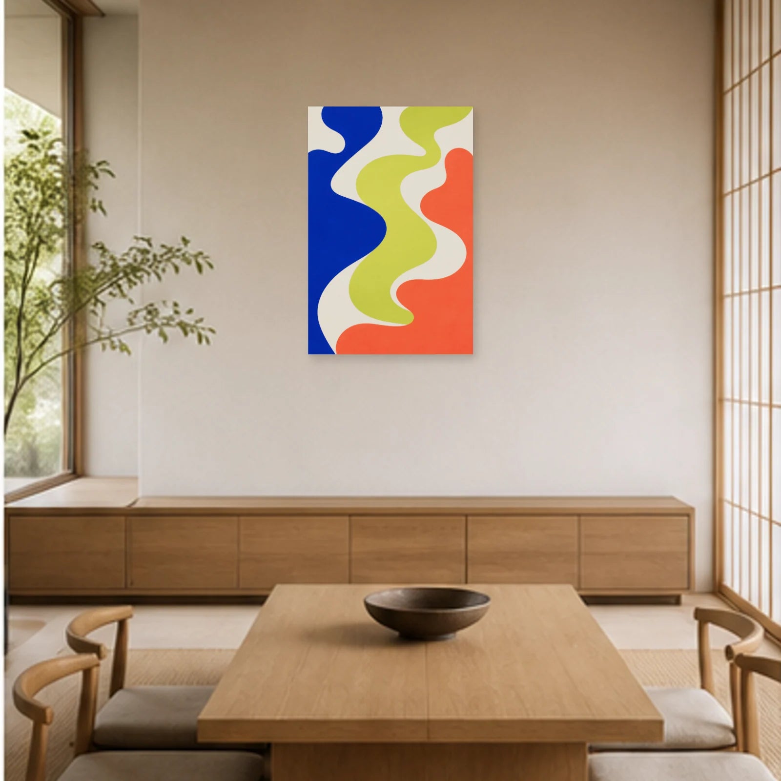 Affiche abstraite - Silhouettes fluides dans une salle à manger - Art Virtuoso