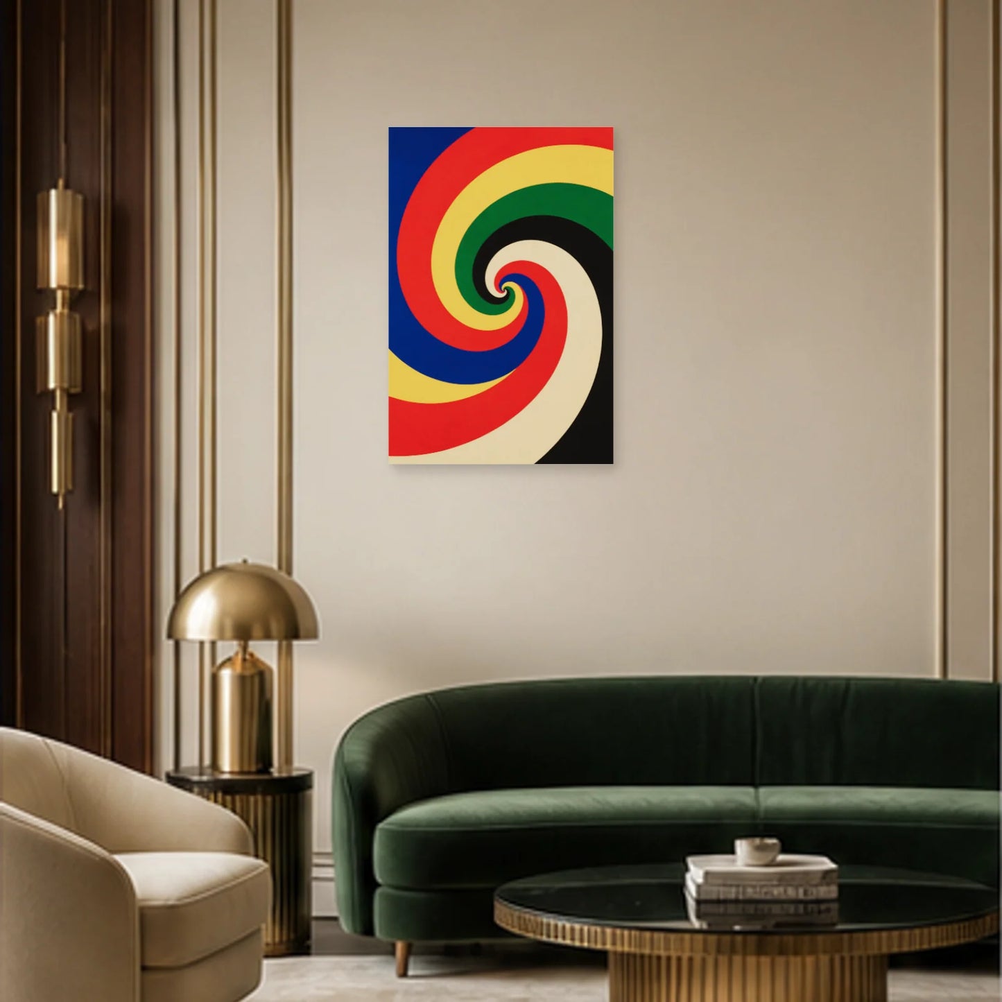 Affiche abstraite - Spirale chromatique dans un salon - Art Virtuoso