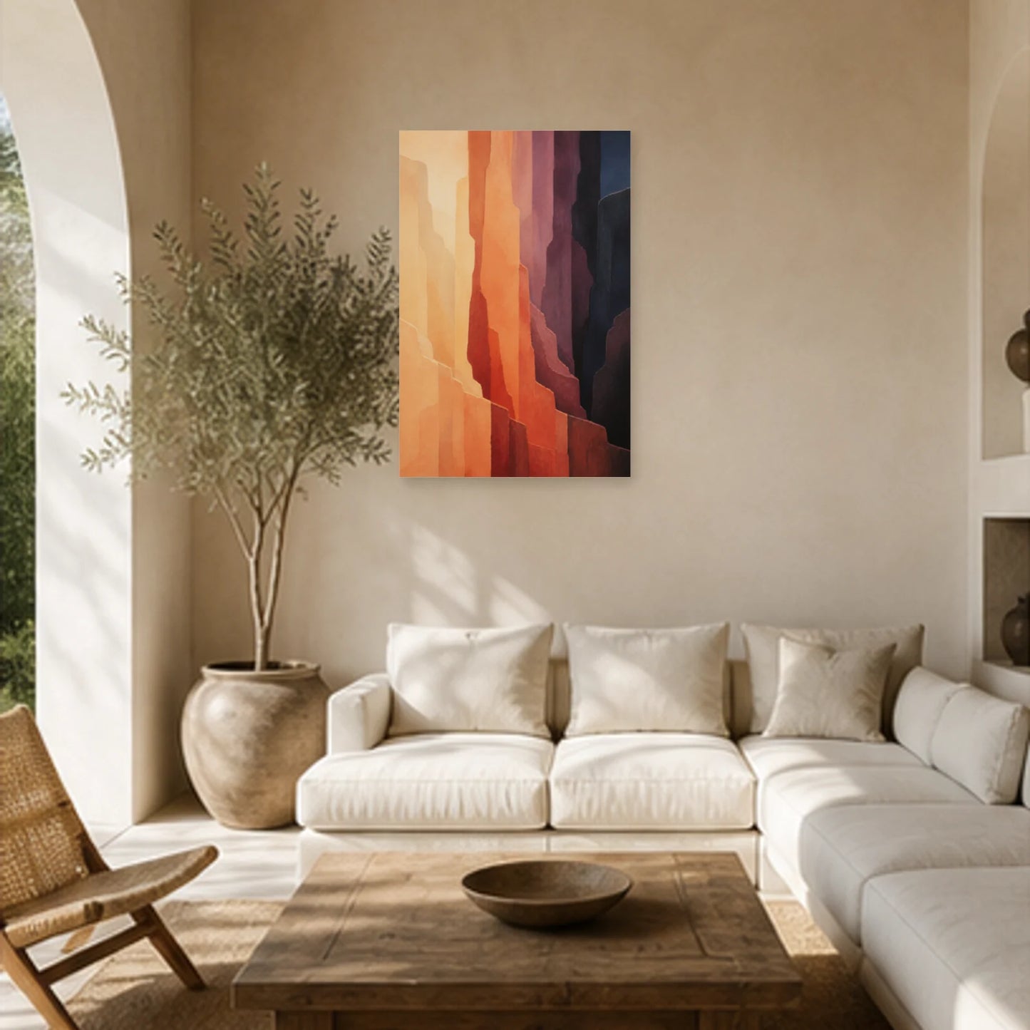Affiche abstraite - Strates du désert dans un salon - Art Virtuoso