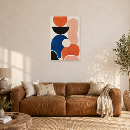 Affiche Abstraction terracotta et bleu cobalt dans un salon - Art Virtuoso