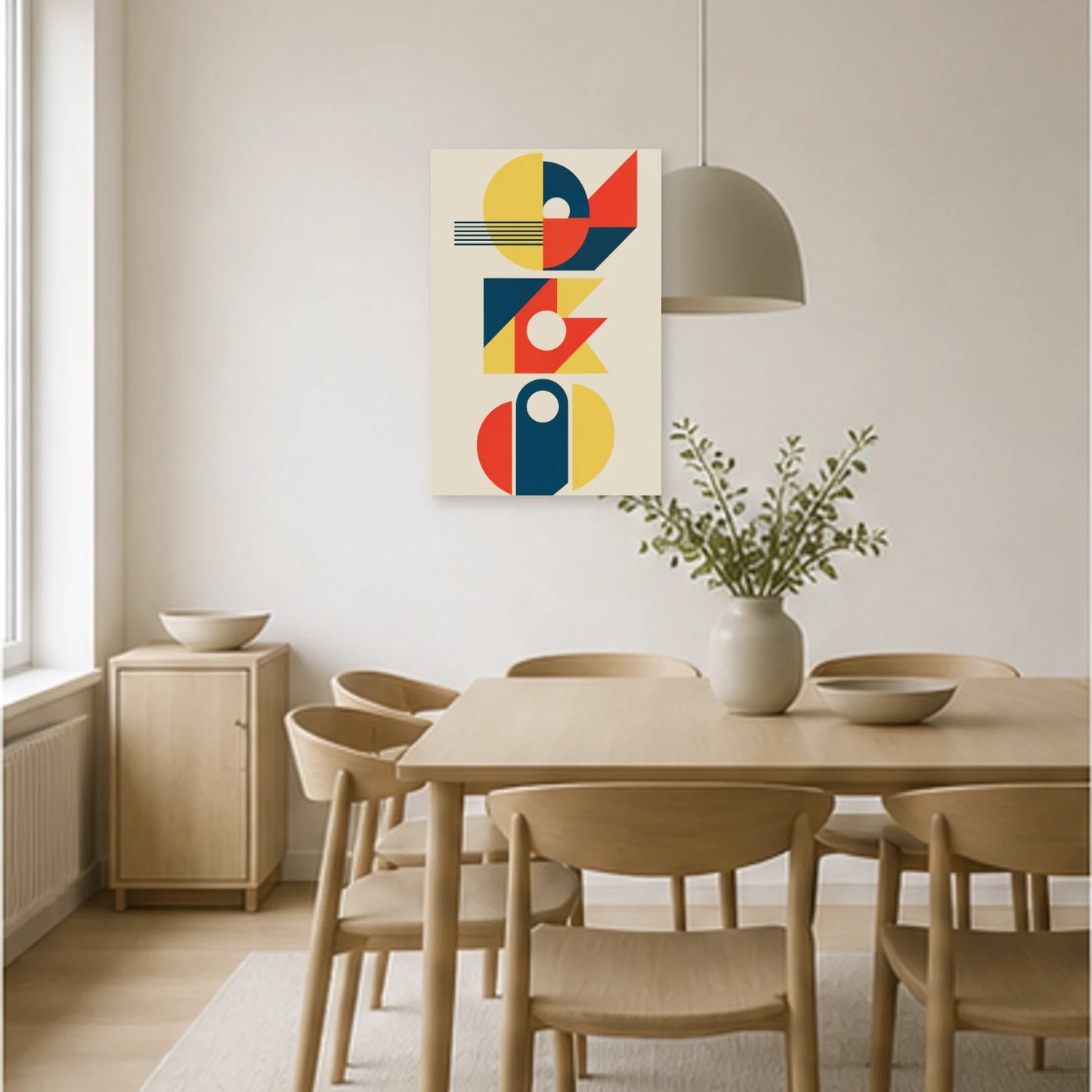 Affiche abstraite - Trio géométrique dans une salle à manger - Art Virtuoso