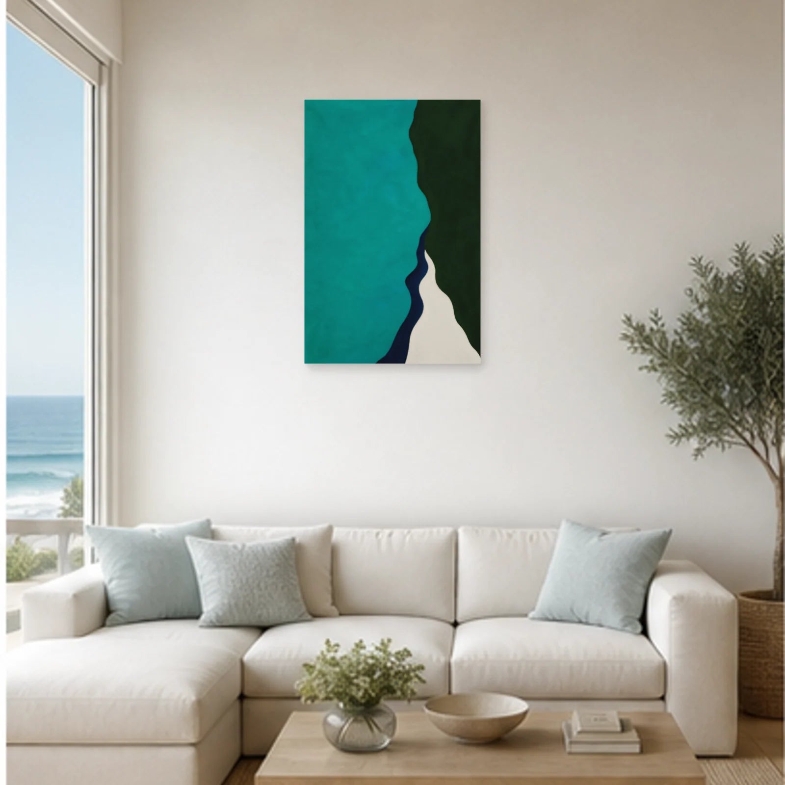 Affiche abstraite - Turquoise profond dans un salon - Art Virtuoso