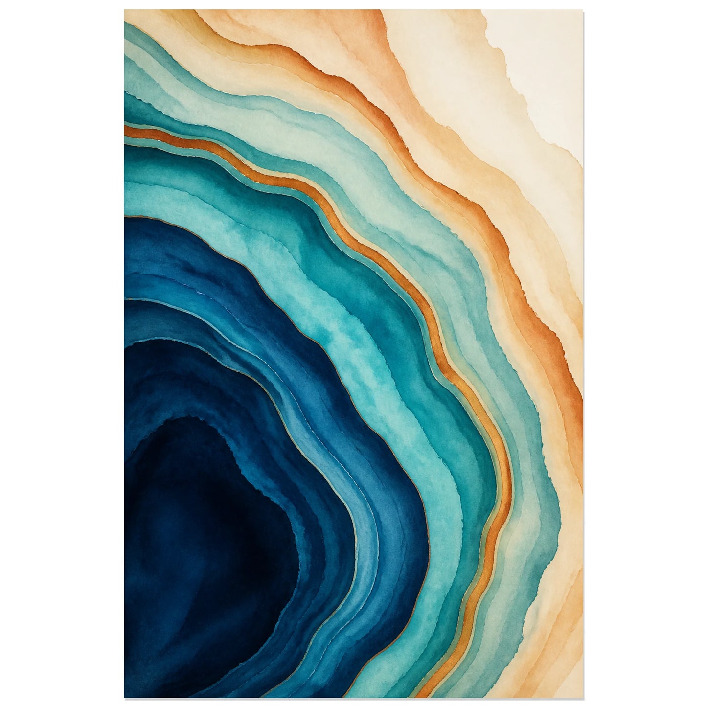 Affiche abstraite - Veines d’agate, aquarelle minerale en strates concentriques verticale, format 40 × 60 cm