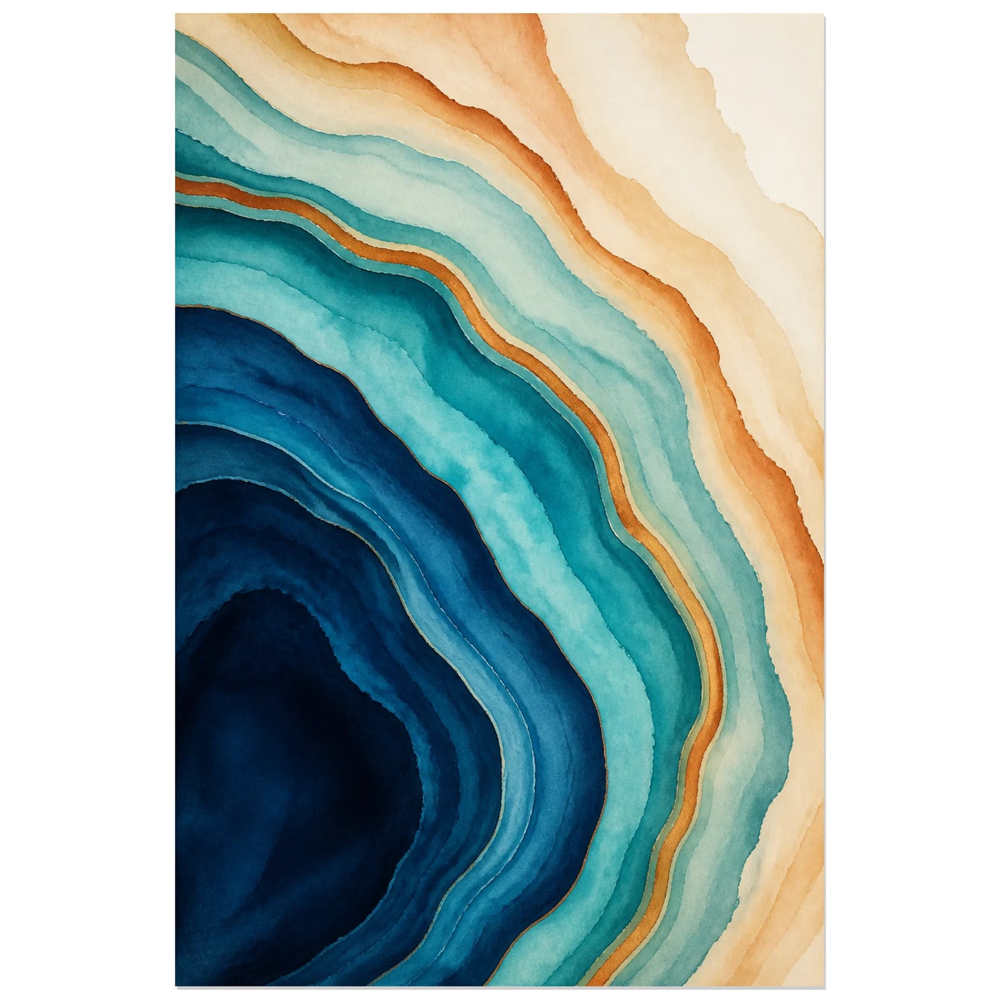 Affiche abstraite - Veines d’agate, aquarelle minerale en strates concentriques verticale, format 60 × 90 cm