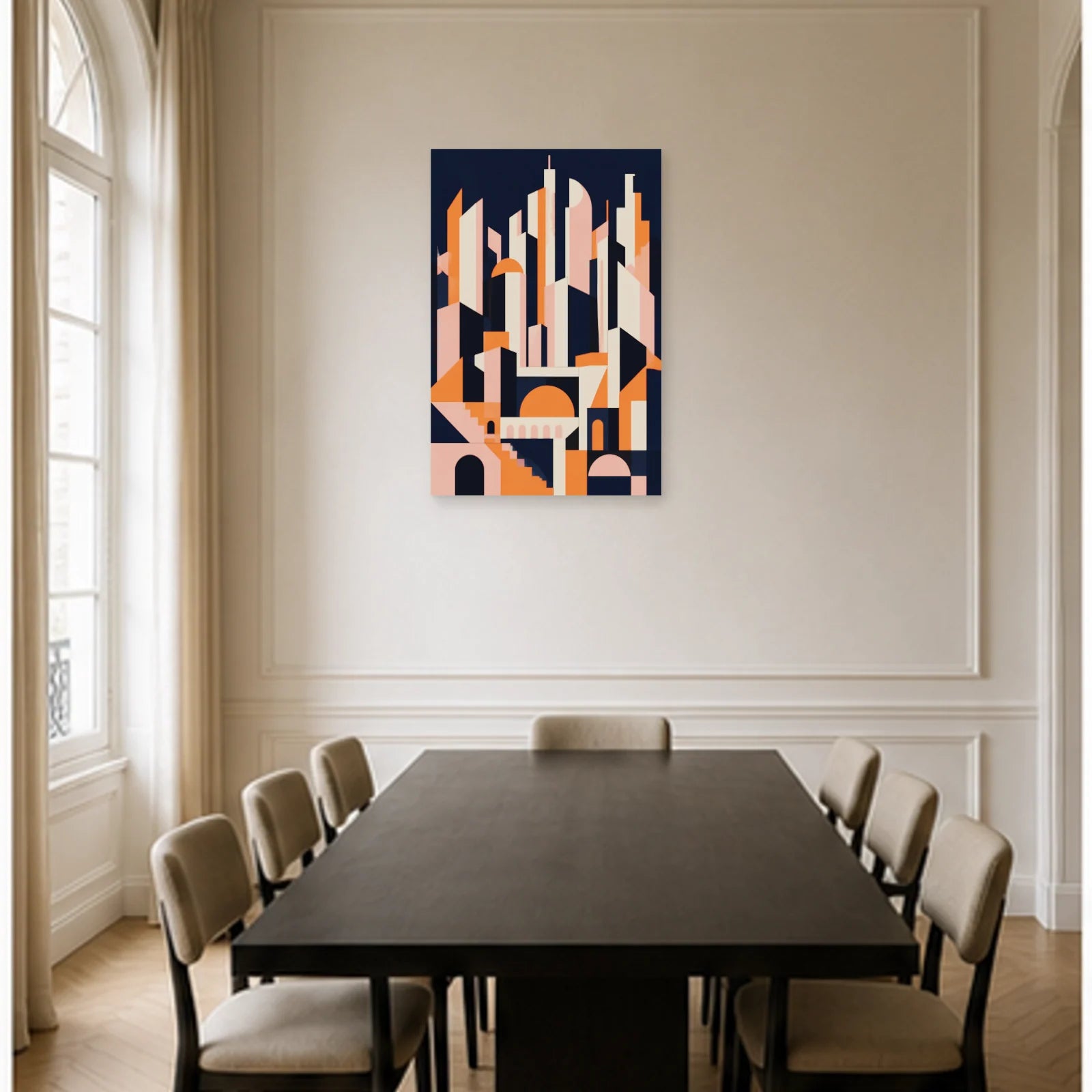 Affiche abstraite - Ville géométrique dans une salle à manger - Art Virtuoso