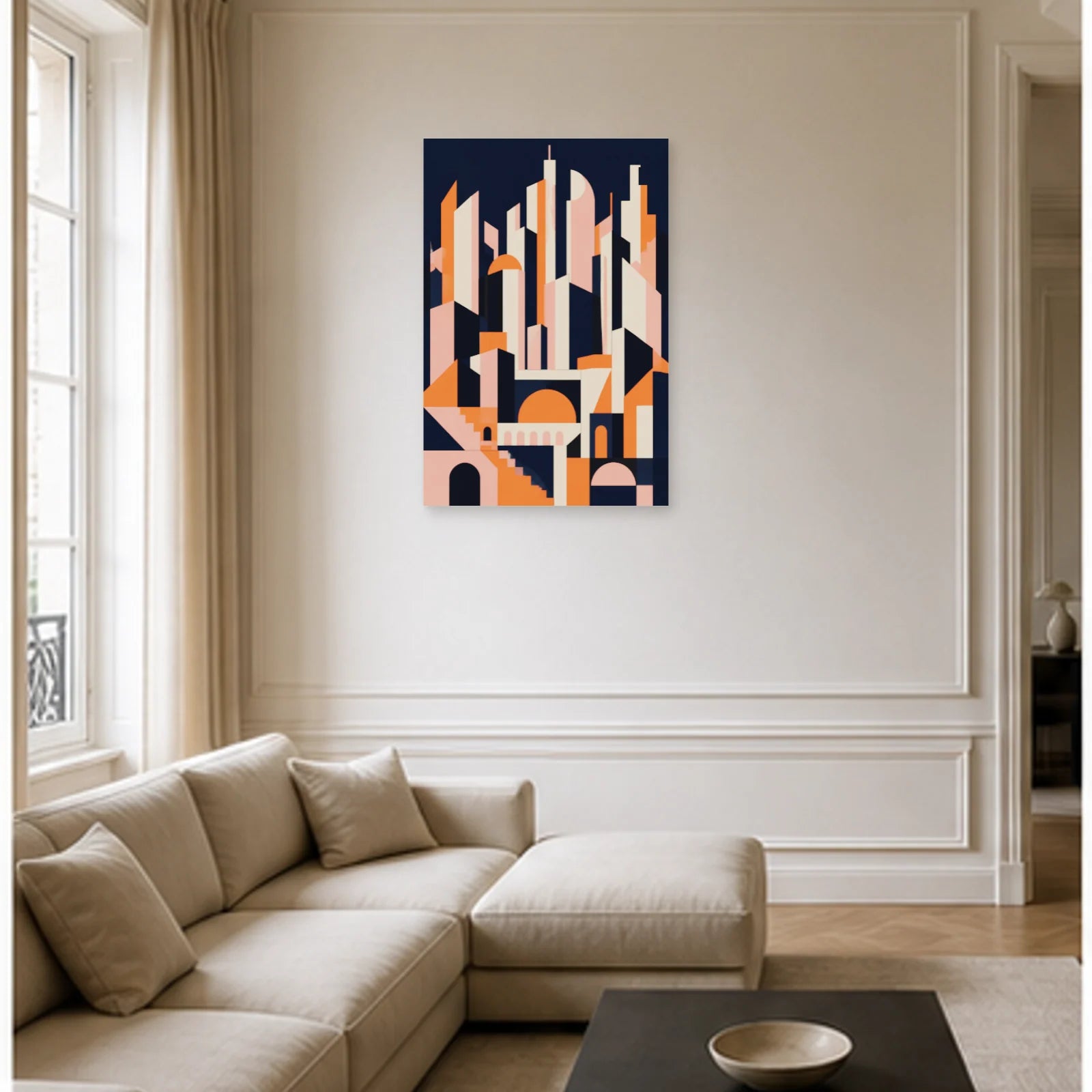 Affiche abstraite - Ville géométrique dans un salon - Art Virtuoso