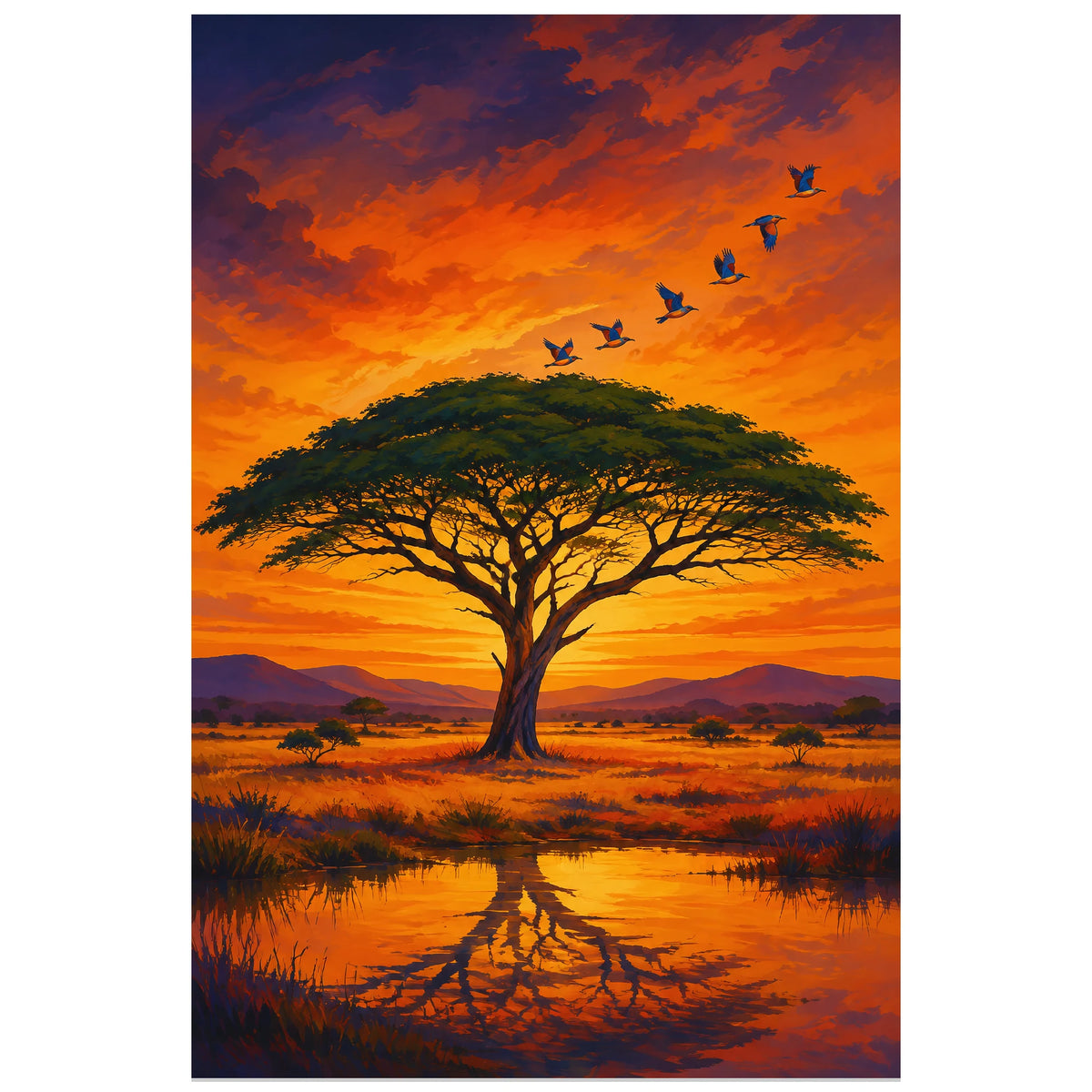 Affiche Acacia – Oiseaux de savane, affiche graphique / peinture de savane verticale, format 40 × 60 cm