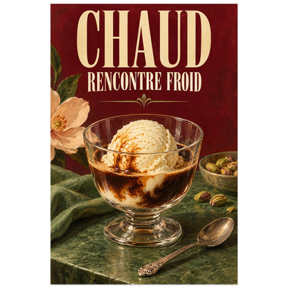 Affogato illustré dans une coupe en verre sur fond bordeaux, affiche 30 × 45 cm