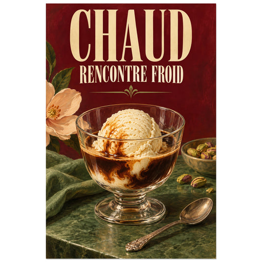 Affogato illustré dans une coupe en verre sur fond bordeaux, affiche 30 × 45 cm
