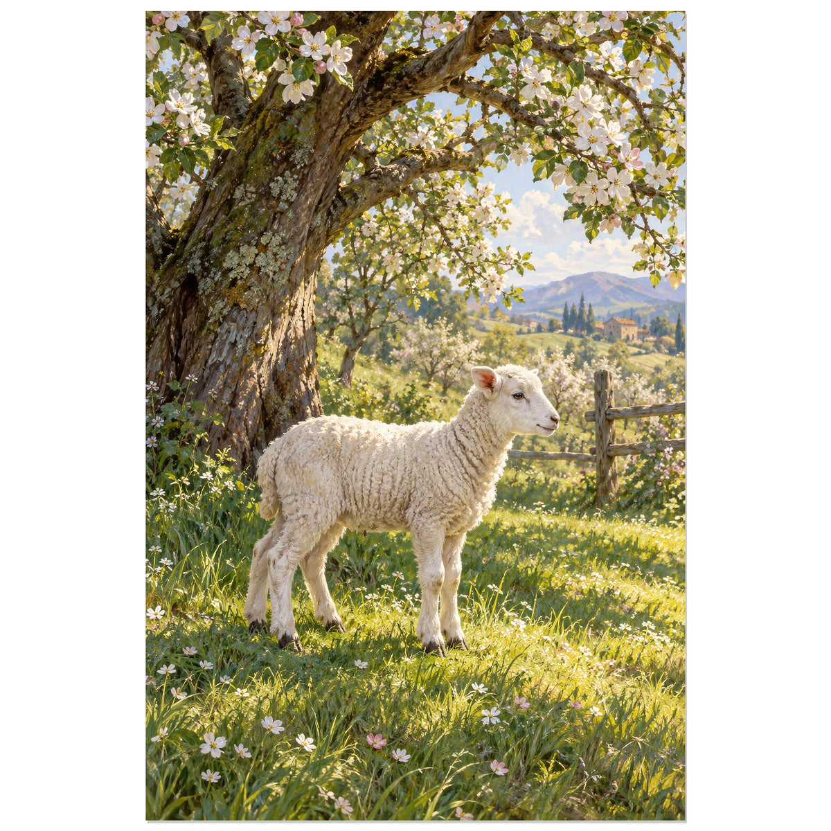 Affiche Agneau – Verger de printemps, peinture réaliste / paysage champêtre verticale, format 40 × 60 cm