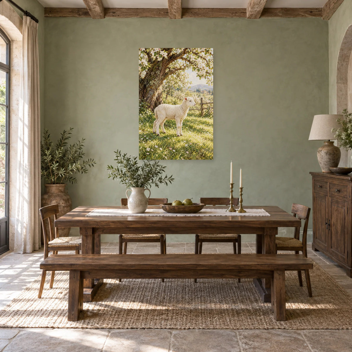 Affiche Agneau - Verger de printemps dans une salle à manger - Art Virtuoso