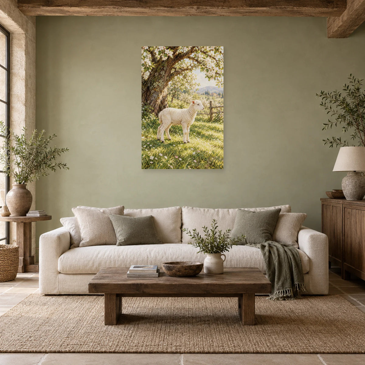 Affiche Agneau - Verger de printemps dans un salon - Art Virtuoso