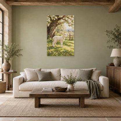 Affiche Agneau - Verger de printemps dans un salon - Art Virtuoso