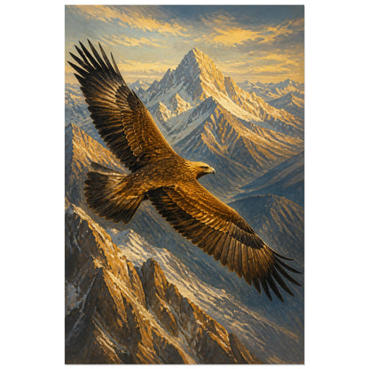 Affiche Aigle royal au-dessus des Alpes, peinture animalière épique à la lumière alpine dorée verticale, format 40 × 60 cm