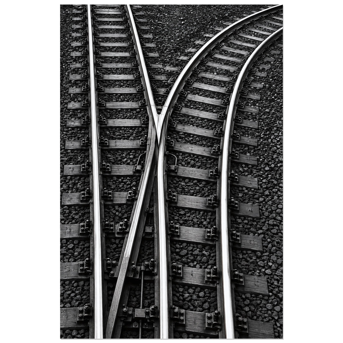 Aiguillage de rails en V sur ballast, affiche 30 × 45 cm