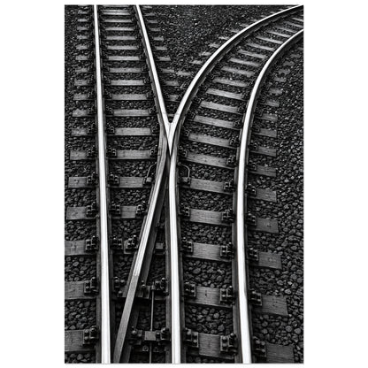 Aiguillage de rails en V sur ballast, affiche 30 × 45 cm