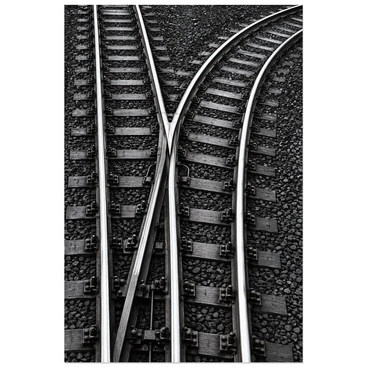 Aiguillage de rails en V sur ballast, affiche 30 × 45 cm