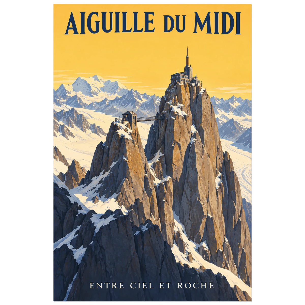 Affiche Aiguille du Midi – Passerelle des cimes, illustration peinte / affiche touristique néo-vintage verticale, format 30 × 45 cm