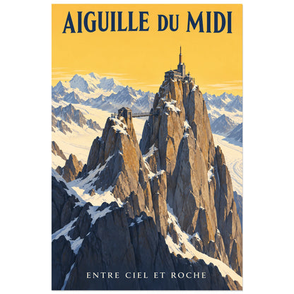 Affiche Aiguille du Midi – Passerelle des cimes, illustration peinte / affiche touristique néo-vintage verticale, format 30 × 45 cm