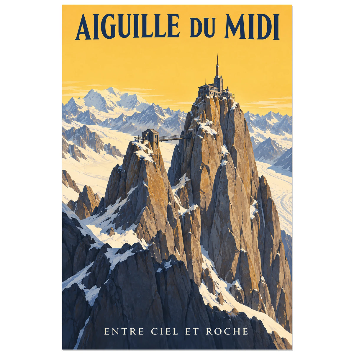 Affiche Aiguille du Midi – Passerelle des cimes, illustration peinte / affiche touristique néo-vintage verticale, format 40 × 60 cm