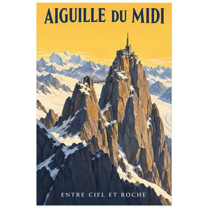 Affiche Aiguille du Midi – Passerelle des cimes, illustration peinte / affiche touristique néo-vintage verticale, format 60 × 90 cm
