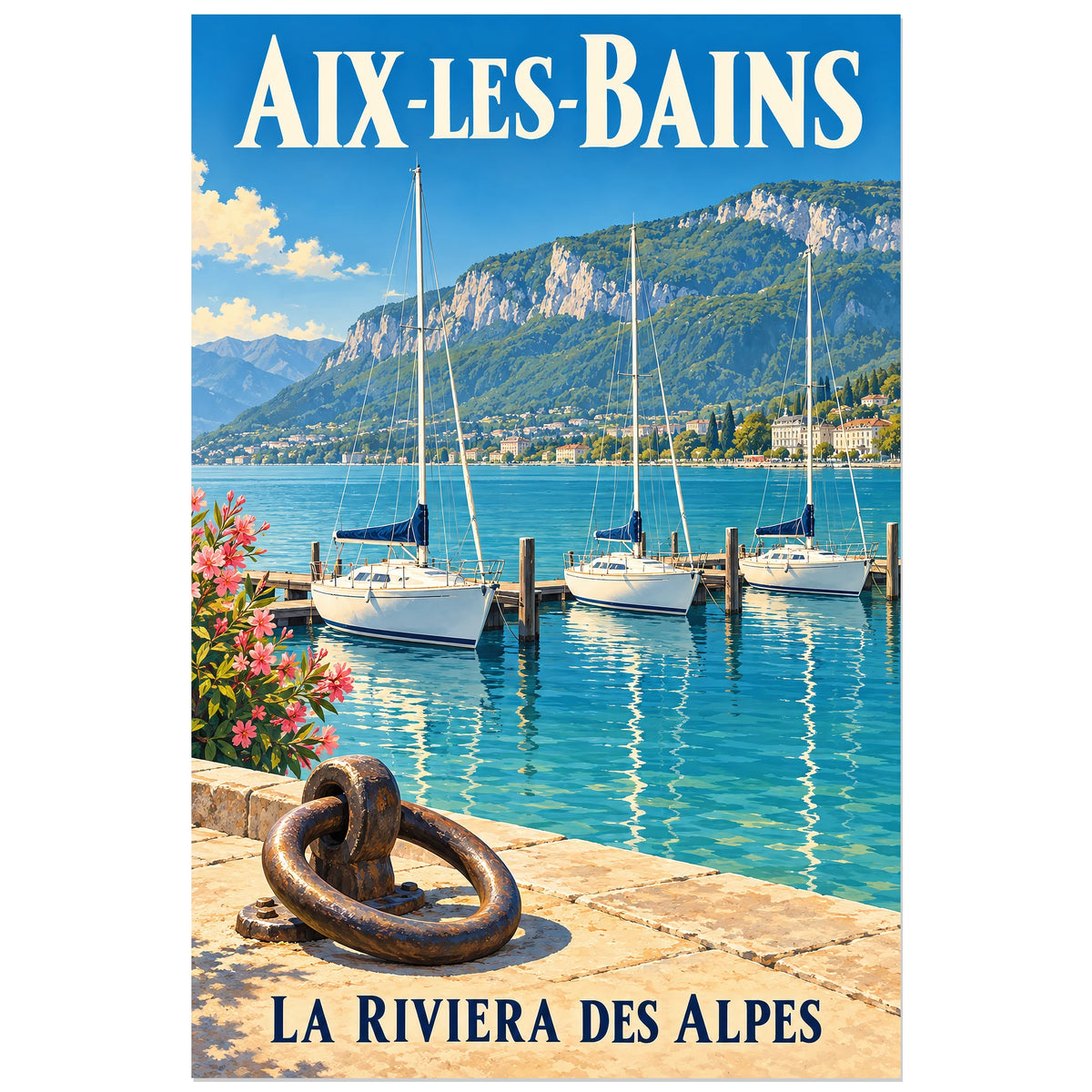 Affiche Aix-les-Bains – Port du Bourget, illustration réaliste / affiche touristique néo-vintage verticale, format 40 × 60 cm