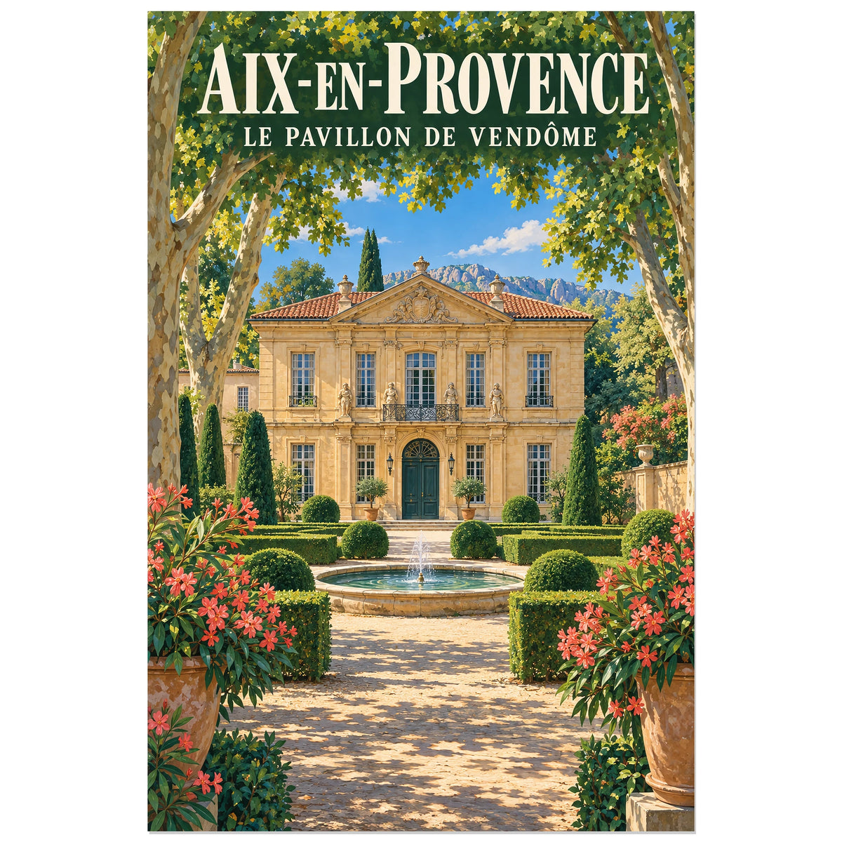 Affiche Aix-en-Provence Pavillon de Vendôme, illustration peinte / affiche de voyage rétro verticale, format 30 × 45 cm