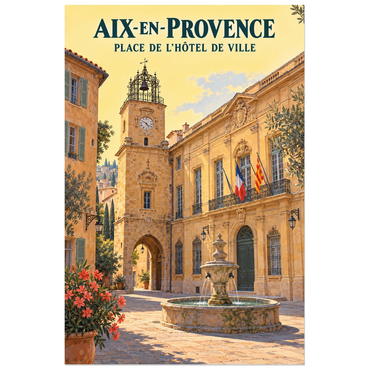 Affiche Aix-en-Provence Place de l'Hôtel de Ville, illustration peinte / affiche de voyage rétro verticale, format 30 × 45 cm