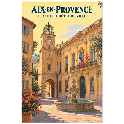 Affiche Aix-en-Provence Place de l'Hôtel de Ville, illustration peinte / affiche de voyage rétro verticale, format 40 × 60 cm