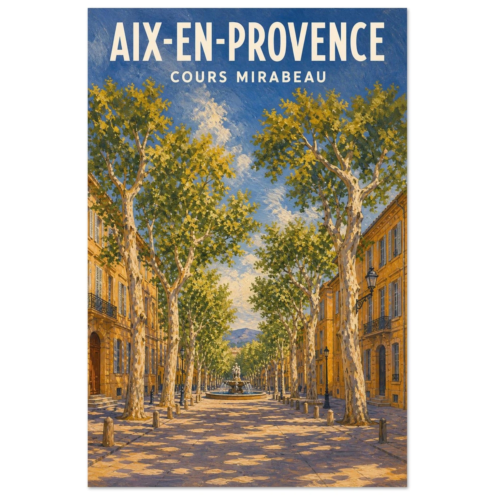 Affiche Aix-en-Provence – Cours Mirabeau, illustration verticale gouache provençale, format 30 × 45 cm