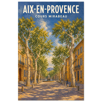 Affiche Aix-en-Provence – Cours Mirabeau, illustration verticale gouache provençale, format 60 × 90 cm