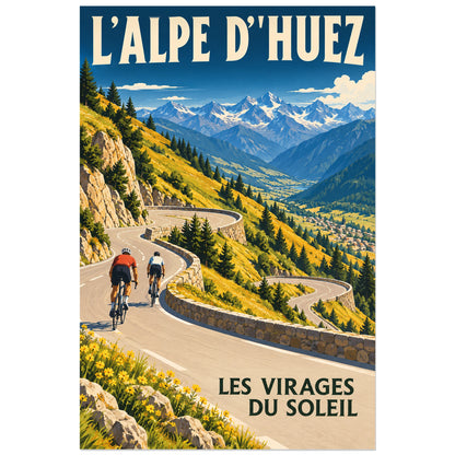 Affiche Alpe d’Huez – Virages au soleil, illustration peinte / affiche touristique néo-vintage verticale, format 40 × 60 cm