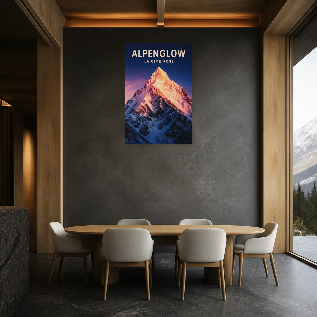 Affiche Alpenglow – La cime rose dans une salle à manger - Art Virtuoso