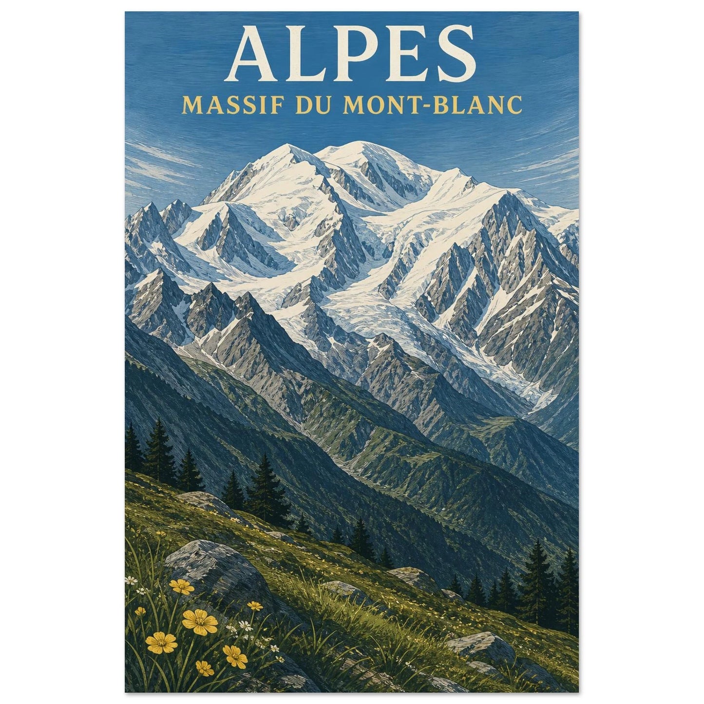 Affiche Alpes – Massif du Mont-Blanc, gravure sur bois et gouache verticale, format 30 × 45 cm