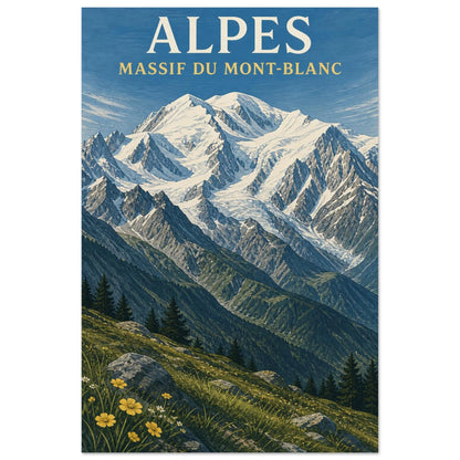 Affiche Alpes – Massif du Mont-Blanc, gravure sur bois et gouache verticale, format 30 × 45 cm