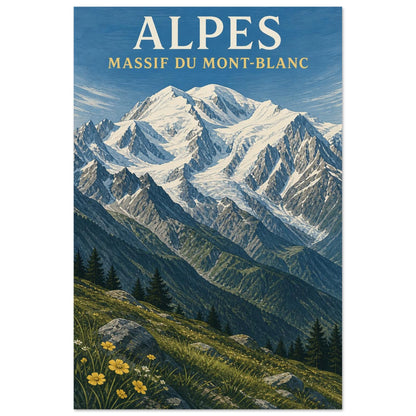 Affiche Alpes – Massif du Mont-Blanc, gravure sur bois et gouache verticale, format 40 × 60 cm