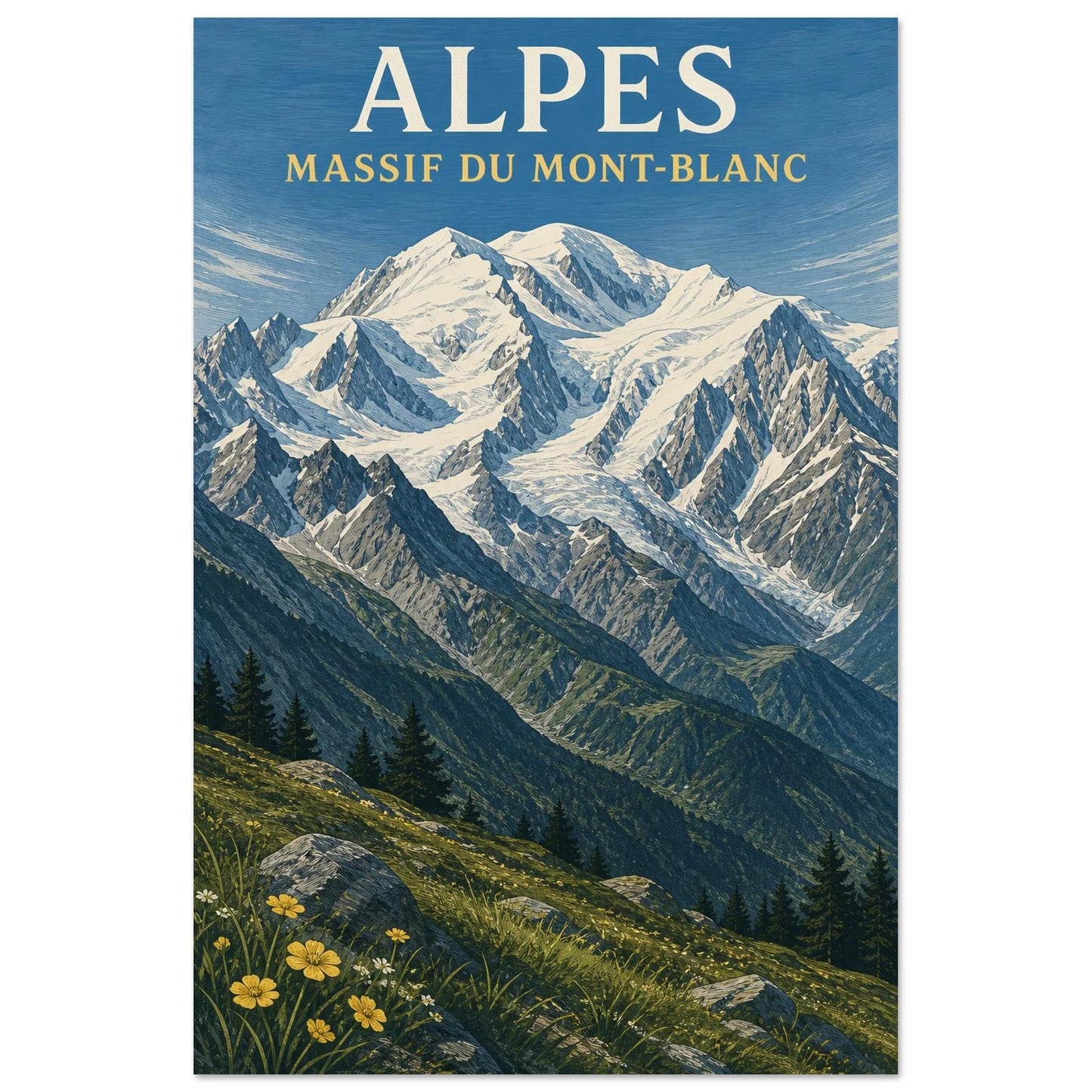 Affiche Alpes – Massif du Mont-Blanc, gravure sur bois et gouache verticale, format 60 × 90 cm