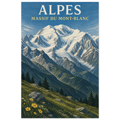 Affiche Alpes – Massif du Mont-Blanc, gravure sur bois et gouache verticale, format 60 × 90 cm