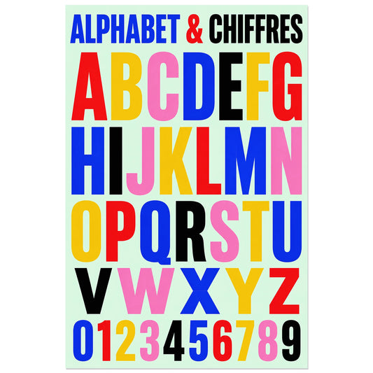 Lettres et chiffres multicolores sur vert pâle, affiche 30 × 45 cm