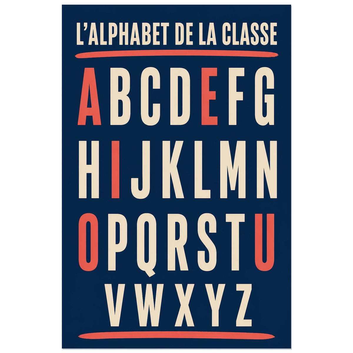 Grand alphabet ivoire sur fond bleu marine, affiche 30 × 45 cm