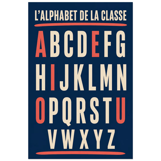 Grand alphabet ivoire sur fond bleu marine, affiche 30 × 45 cm