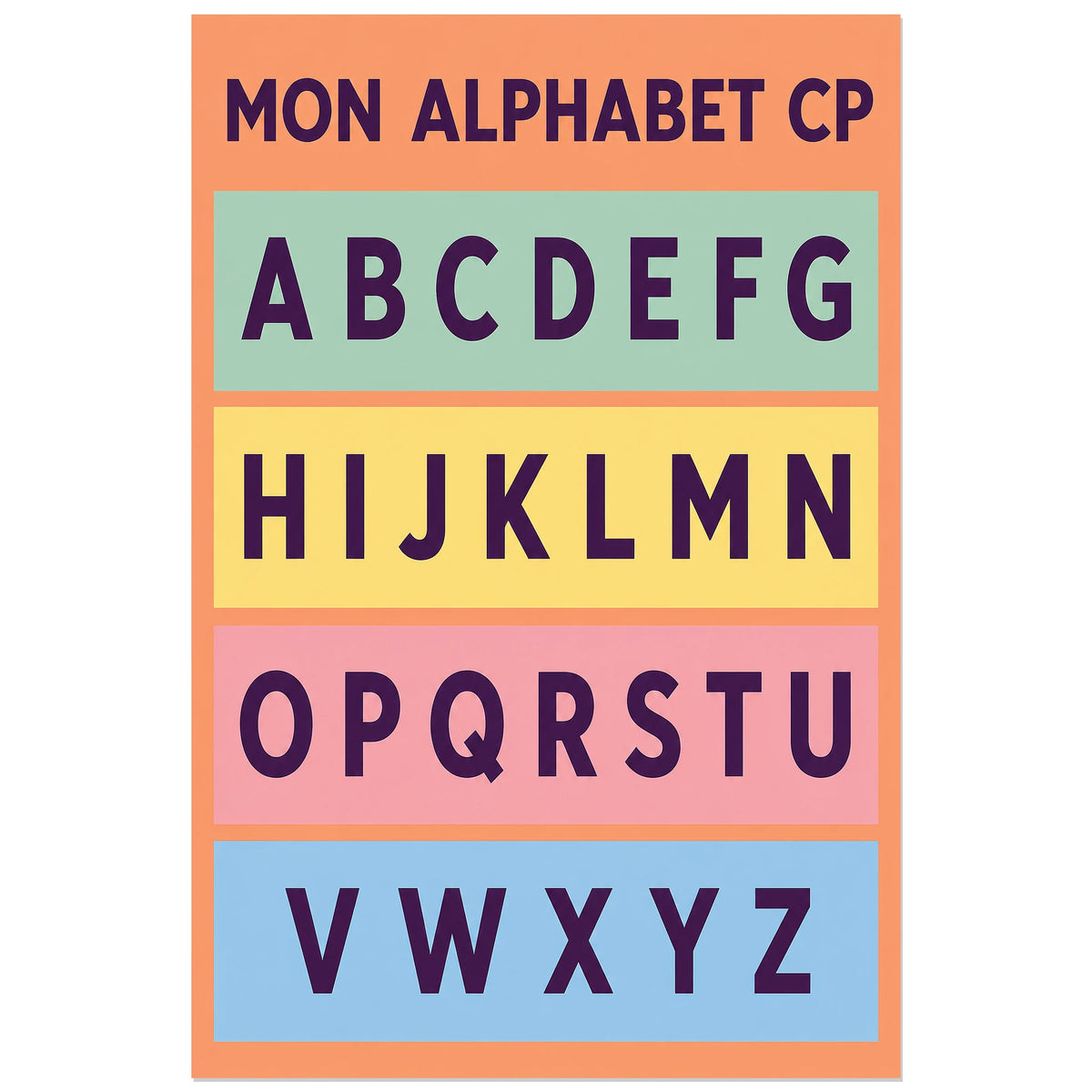 Alphabet CP en quatre plages colorées, affiche 40 × 60 cm