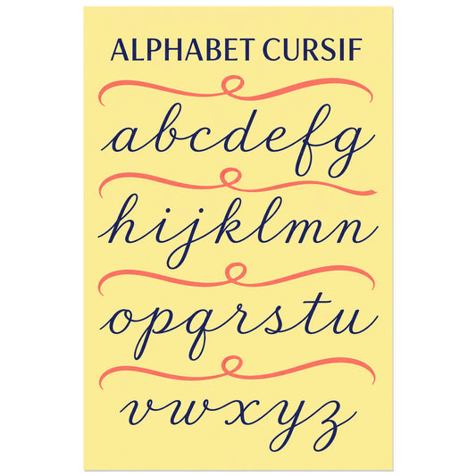 Minuscules cursives indigo sur jaune, affiche 30 × 45 cm