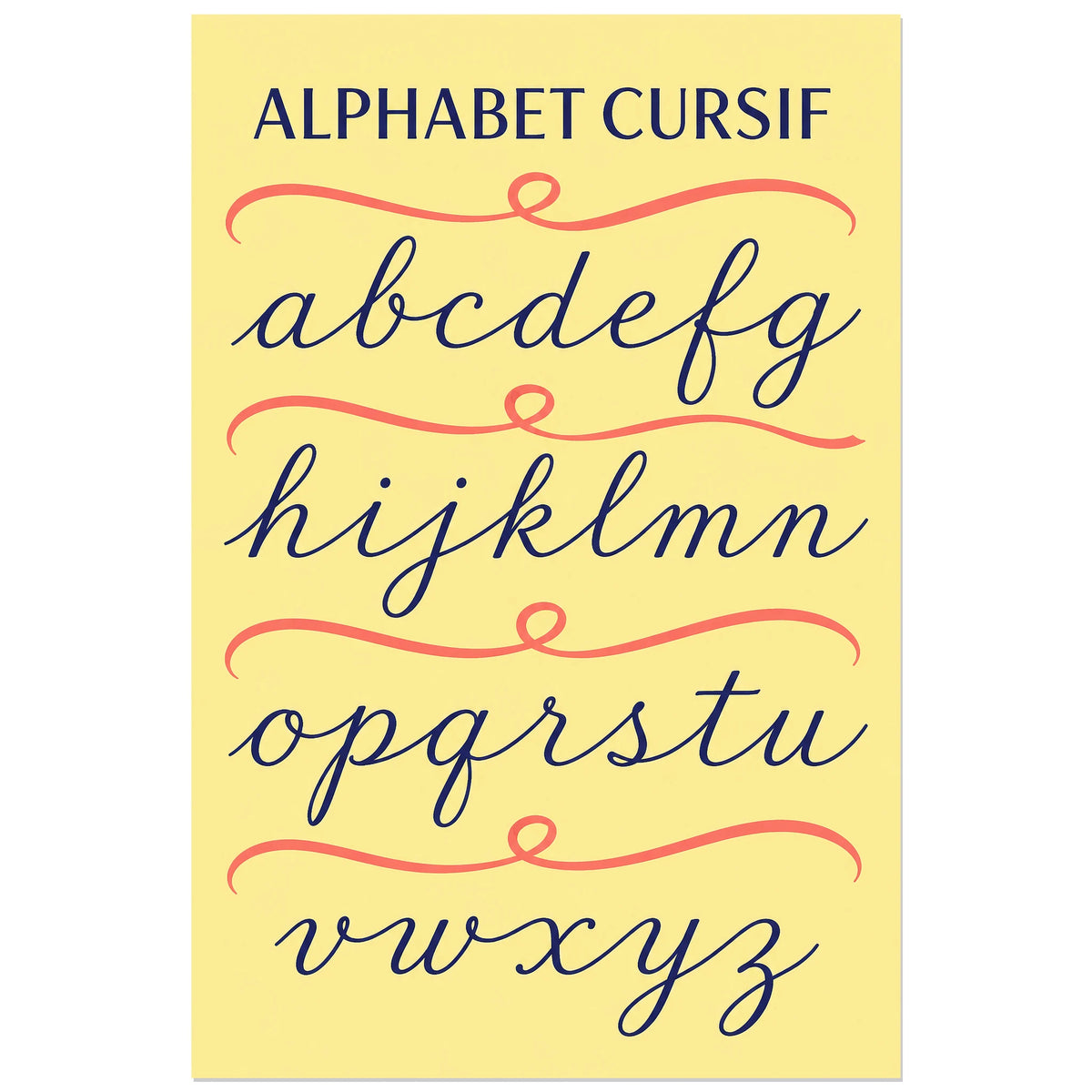 Alphabet cursif et arabesques corail, affiche 40 × 60 cm