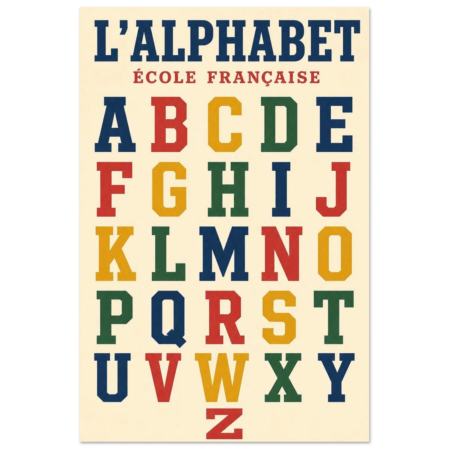 Affiche L'Alphabet – École Française, illustration graphique verticale, format 40 × 60 cm