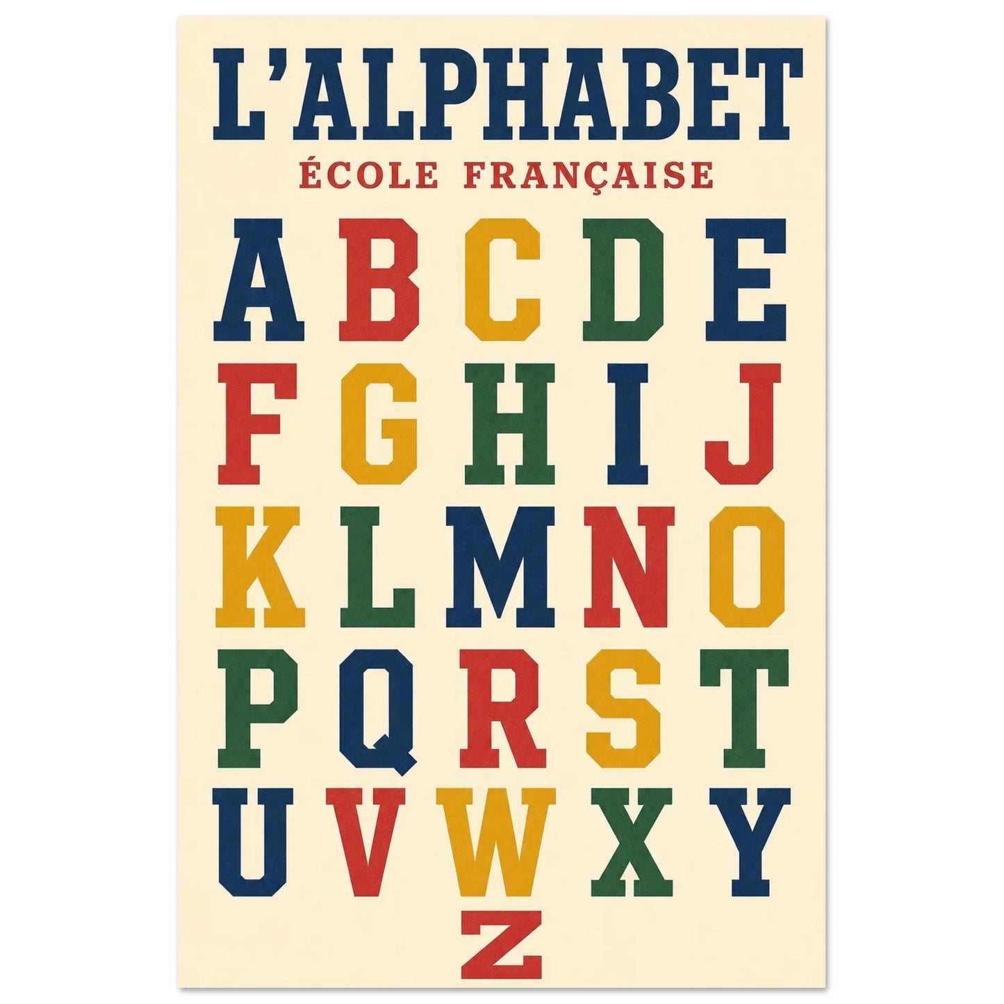 Affiche L'Alphabet – École Française, illustration graphique verticale, format 60 × 90 cm