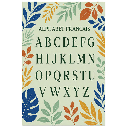 Alphabet français et bordure de feuilles, affiche 30 × 45 cm