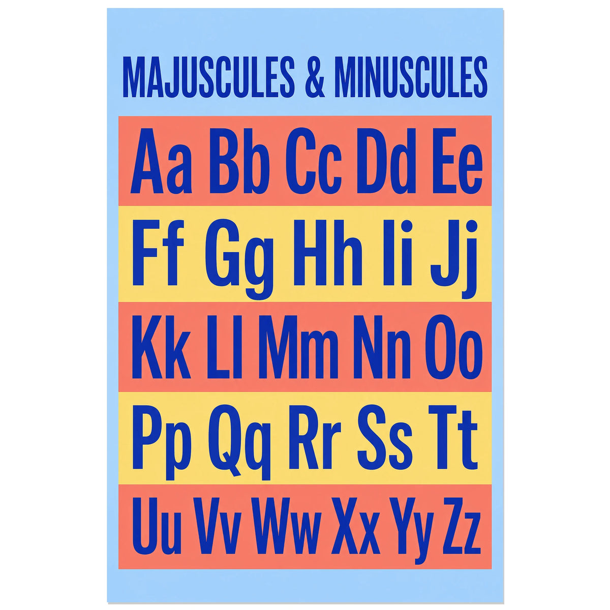 Majuscules et minuscules alignées sur bleu ciel, affiche 40 × 60 cm