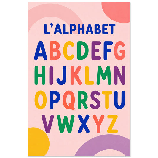 Alphabet arrondi multicolore sur fond rose, affiche 30 × 45 cm