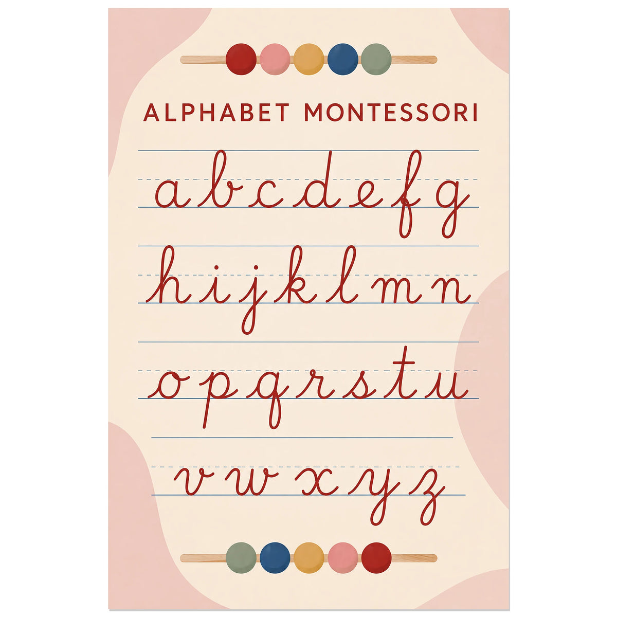 Minuscules cursives rouges et réglures bleues, affiche 30 × 45 cm